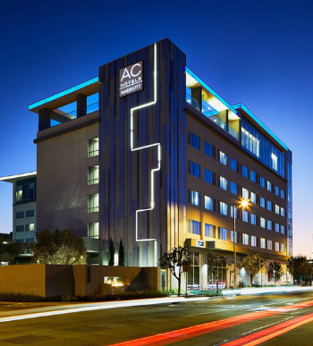 Exterior of AC Hotel at twilight